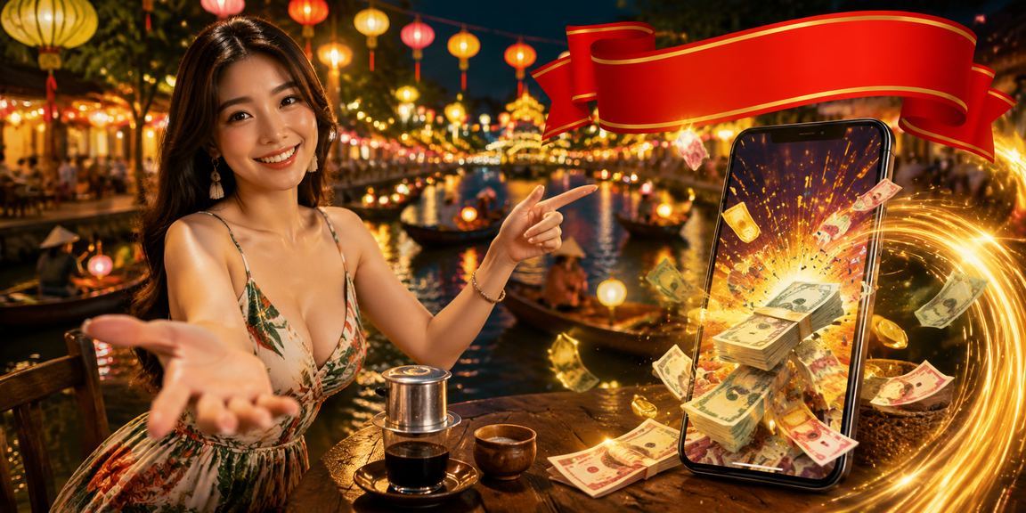 Người dùng tại Hội An đang tham gia trò chơi jackpot trực tuyến bên ly cà phê